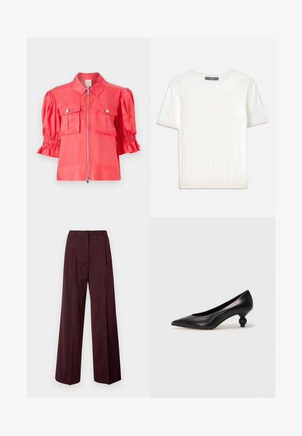 Korallfärgad satin skjortjacka med krage, dragkedjestängning, puffade korta ärmar och två bröstfickor med knappdetaljer.; Vit kortärmad stickad topp med rund halsringning, med en jämn textur och subtila randiga detaljer vid ärmarna och fållen.; Vida byxor i mörkt vinrött med en slät tygstruktur. Har en figurnära midja, framvikter och inga synliga detaljer.; Svart läderhögklackad sko med spetsig tå och rund, bollformad klack. Slät yta med en elegant, minimalistisk design.