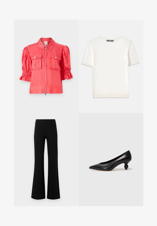 Coral satin shirt jacket with a collared neckline, zip closure, puffed short sleeves, and two chest pockets with button details.; White short-sleeve knit top with a round neckline, featuring a smooth texture and subtle ribbed accents at sleeves and hem.; Black flared pants with a high waist, made of stretchy fabric. Features vertical seam details on the front and a smooth texture.; Black leather high heel shoe with a pointed toe and a round, balled heel. Smooth texture with a sleek, minimal design.
