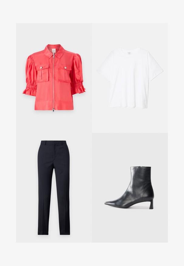 Satinirana košulja-jakna u boji koralja s ovratnikom, zatvaranjem na zip, kratkim napućenim rukavima i dva džepa na prsima s detaljima dugmadi.; Bijela pamučna majica s kratkim rukavima, okruglim izrezom, opuštenim krojem i šivenim rubom. Etiketa je vidljiva na unutarnjoj strani vrata.; Mornarsko plave krojene hlače ravnog kroja, sa glatkom teksturom, dvije prednje džepove i urednim pojasom.; Crne kožne gležnjače s uskim vrhom i elegantnim dizajnom. Imaju niski potpetak i zatvaranje na patentni zatvarač straga. Glatka tekstura.