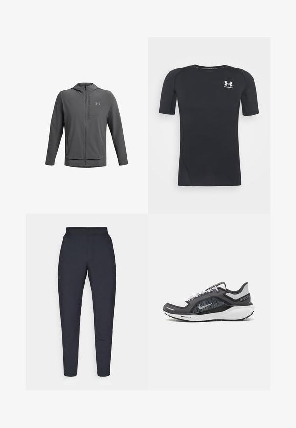 Grå zip-jacka med huva, tillverkad av lätt material. Har Under Armour-logotyp och två framfickor. Slät textur, atletisk passform.; Svart kortärmad atletisk tröja gjord av fukttransporterande, elastisk tyg. Har en rund halsringning och en liten vit logotyp på bröstet.; Svarta träningsbyxor med en slät yta, slim fit, elastisk midja och sidofickor. Har en liten logotyp på vänstra låret.; Svart och grå atletisk sko med ovandel i mesh, reflexdetaljer och en vit mellansula. Har en strukturerad gummisula och skosnören.
