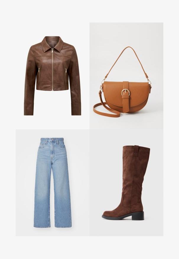 Braune, kurze Lederjacke mit spitzem Kragen, Frontreißverschluss und zwei vertikalen Reißverschlusstaschen auf der Seite.; Beige gestrickter Pullover mit Rundhalsausschnitt, gerippter Textur, langen Ärmeln und ausgestellten Bündchen. Einfaches Design ohne Verzierungen.; Hellblaue High-Waist-Weite-Leg-Jeans mit Knopf- und Reißverschluss vorne, Vorder- und Rückentaschen, auf weißem Hintergrund.; Braune Wildleder Stiefel bis zum Knie mit runder Zehenform, Blockabsatz und seitlichen Steppnähten. Glatte Textur und robuste Verarbeitung.; Braune Leder-Crossbody-Tasche mit geschwungener Form, goldfarbenen Beschlägen und einer Schnallenakzentuierung. Verfügt über einen abnehmbaren Schultergurt.