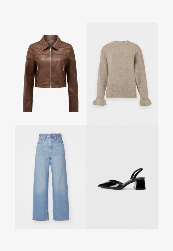 Braune, kurze Lederjacke mit spitzem Kragen, Frontreißverschluss und zwei vertikalen Reißverschlusstaschen auf der Seite.; Beige gestrickter Pullover mit Rundhalsausschnitt, gerippter Textur, langen Ärmeln und ausgestellten Bündchen. Einfaches Design ohne Verzierungen.; Hellblaue High-Waist-Weite-Leg-Jeans mit Knopf- und Reißverschluss vorne, Vorder- und Rückentaschen, auf weißem Hintergrund.; Schwarze Lackleder-Slingback-High Heels mit spitzem Schuh und einem geometrischen Blockabsatz. Verfügt über ein schlankes, minimalistisches Design und eine glatte Textur.