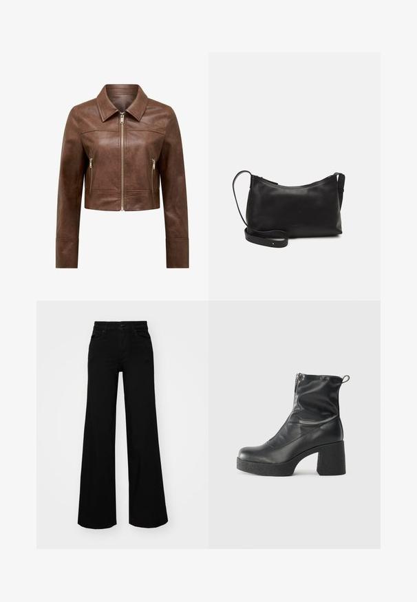 Smeđa kratka kožna jakna s oštrim ovratnikom, prednjim zatvaračem i dva vertikalna bočna džepa sa zatvaračem.; Tamnoslijeđi skraćeni pleteni pulover s rebrastom teksturom, kratkim širokim rukavima i okruglim izrezom. Jednostavan dizajn, bez vidljivih uzoraka ili naglasaka.; Crne široke traperice s čvrstim pojasom, petljama za remen i prednjim džepovima. Gladak teksturirani materijal s klasičnim dizajnom.; Crne gležnjače od glatke kože, s bočnim zatvaračem, debelim teksturiranim potplatom i dizajnom s zaobljenim prstima.; Crna kožna torba na rame s glatkom teksturom, zakrivljenim oblikom, podesivim remenom i zatvaranjem na patentni zatvarač. Minimalistički dizajn bez ukrasa.