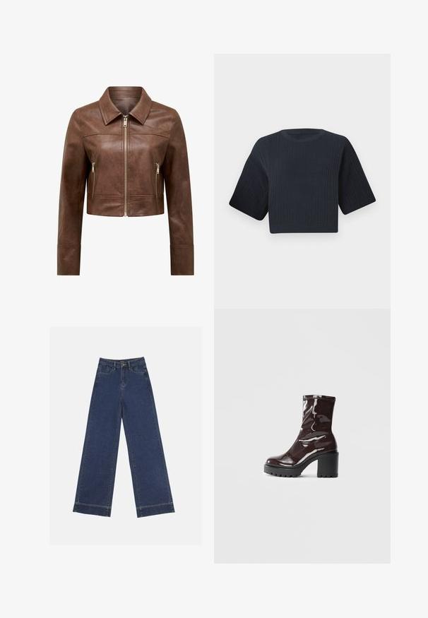 Veste en cuir marron courte avec col pointu, fermeture éclair à l'avant et deux poches latérales zippées verticales.; Pull en maille noir marine raccourci avec une texture côtelée, des manches courtes et larges, et un col rond. Design simple, sans motifs ni accents visibles.; Jeans à jambes larges en denim bleu foncé. Comprend cinq poches, des passants de ceinture et un ourlet brut en bas avec des détails de couture visibles.; Bottines bordeaux brillantes à talon épais noir, avec une texture lisse et un design simple. Aucune fermeture visible ni motifs.