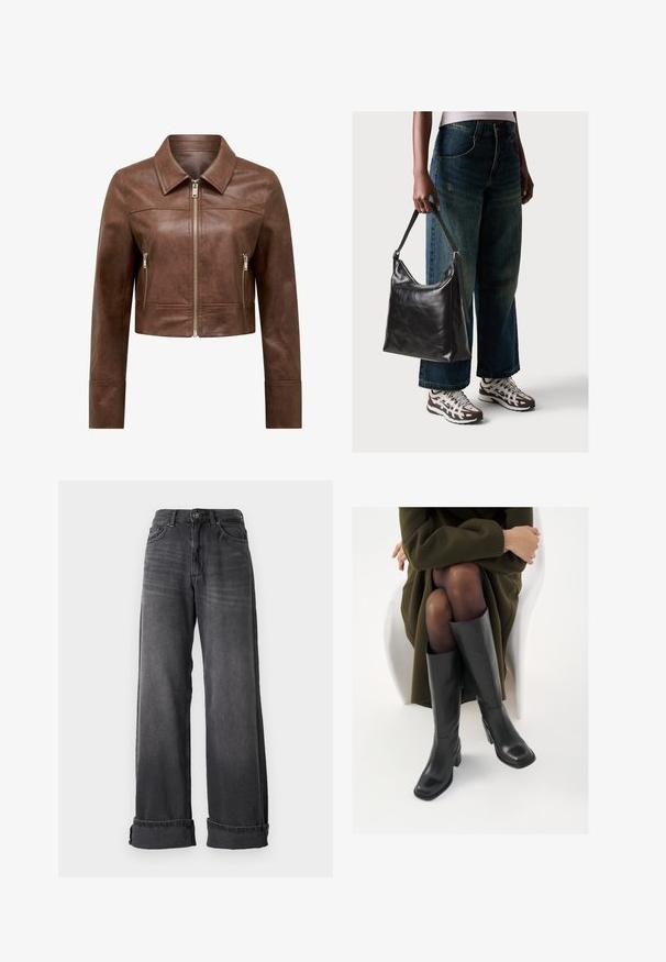 Rjava kratka usnjena jaka s koničastim ovratnikom, sprednjim zadrgo in dvema navpičnima žepoma z zadrgo.; Črni dolg rokav s krožnim izrezom. Ima nastavljive zavezave na rokavih, izdelan iz gladkega, elastičnega materiala.; Široke hlače iz temno sive denima, z visokim pasom, petimi žepi in zavihanimi manšetami za dodaten detajl. Gladka tekstura z rahlimi bledi.; Črne usnjene čevlje do kolen s kvadratnim prstom in blok peto, prikazani na modelu, ki sedi v olivno zeleni plašču. Gladka tekstura, minimalne podrobnosti.; Črna usnjena torba za ramo z gladko teksturo in nastavljivim trakom, v kombinaciji z zbledelimi širokimi hlačami in športnimi supergami.