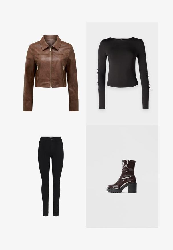 Brown cropped leather jacket with pointed collar, front zipper closure, and two vertical zippered side pockets.; Black long-sleeve top with a round neckline. Features adjustable ties at the sleeves, crafted from a smooth, stretchy fabric.; Pieces PCHIGH NOOS - Jeggings - black; Glossy burgundy ankle boot with a chunky black heel, featuring a smooth texture and simple design. No visible fastenings or patterns.