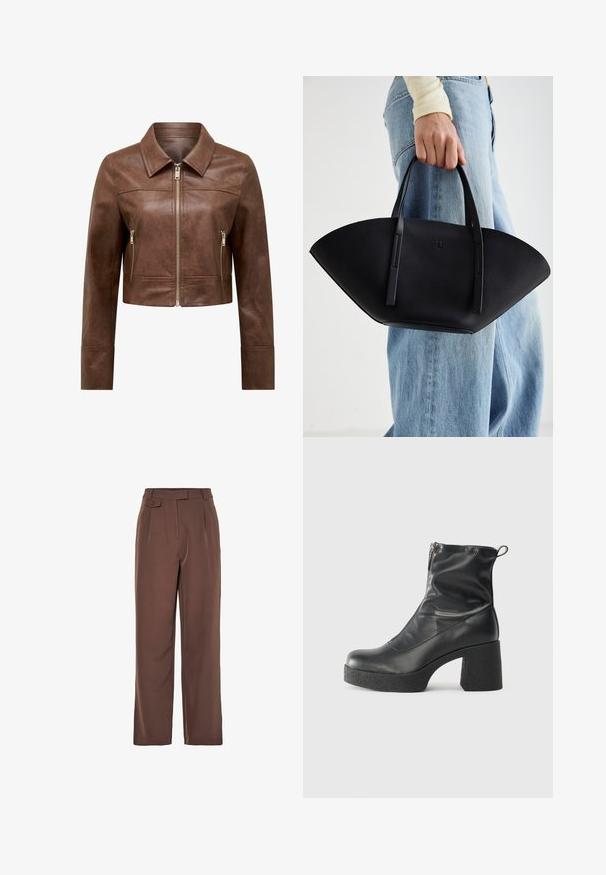 Chaqueta de cuero marrón cortada con collar puntiagudo, cierre frontal de cremallera y dos bolsillos laterales con cremallera vertical.; Top marrón de manga larga y con ribete, con cuello redondo. Fabricado con un material suave y elástico, presenta una silueta ajustada y un diseño minimalista.; Pantalones de pierna ancha tejidos en marrón con una cinturilla alta, pliegues en la parte frontal y un detalle de botón. Textura suave con un diseño a medida.; Botines negros de tobillo, hechos de cuero suave, con cierre lateral, tacón grueso texturizado y diseño de punta redondeada.; Bolso de mano de cuero negro con una forma de abanico única, que cuenta con asas planas. La superficie tiene una textura de grano y un diseño minimalista.