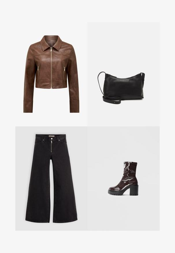 Hnědá zkrácená kožená bunda s špičatým límcem, předním zipem a dvěma vertikálními bočními kapsami na zip.; Černé bavlněné tričko s krátkým rukávem, s ručně nakreslenou grafikou a textem "Levi's LA LUNE" v bílé barvě na levé části hrudi.; Džíny s širokými nohavicemi v černém denimovém provedení se zipem vpředu, pěti kapsami a jemnými švy. Hladká textura a ležérní styl.; Lesklá bordó kotníková bota s masivním černým podpatkem, se hladkým povrchem a jednoduchým designem. Žádné viditelné zapínání ani vzory.; Černá kožená taška přes rameno s hladkým povrchem, zakřiveným tvarem, nastavitelným popruhem a zipovým uzávěrem. Minimalistický design bez zdobení.