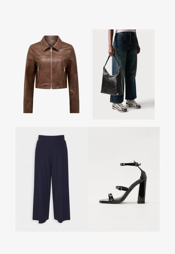 Giubbotto di pelle marrone cropped con colletto a punta, chiusura frontale con zip e due tasche laterali con zip verticali.; T-shirt nera in cotone con maniche corte sopra un sotto manica lunga bianca, caratterizzata da una sottile texture. Design con scollo rotondo.; Pantaloni a gamba larga in tessuto navy scuro con una texture a coste. Presentano una vita liscia e una silhouette fluida, che arriva a metà polpaccio.; Sandali con tacco in vernice nera, con punta squadrata, cinturini alla caviglia e fibbie in argento. Presentano un tacco a blocco spesso per maggiore stabilità.; Borsa a tracolla nera in pelle con una texture liscia e tracolla regolabile, abbinata a jeans ampi sbiaditi e sneakers sportive.