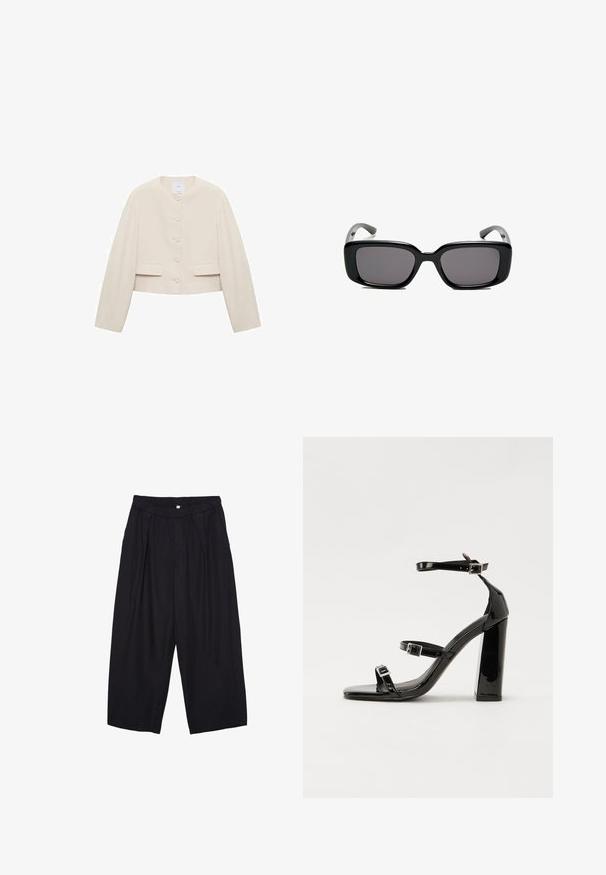 Kratka jakna iz bež tkanine; okrogla izrez, sprednje zapiranje na gumb z šestimi gumbi, dva sprednja žepa, dolgi rokavi, minimalističen dizajn.; Bela brezrokavnica s okroglim izrezom. Narejena iz gladkega materiala, ima sproščen kroj in minimalističen dizajn. Brez vzorcev ali okrasnih elementov.; Črne poliesterske culotte hlače z elastičnim pasom, dvema sprednjima nabiranjema in ohlapnim krojem. Brez vidnih vzorcev ali kovinskih detajlov.; Črne lakirane sandale s peto, kvadratnim prstom, trakovi okrog gležnja in srebrnimi zaponkami. Opremljene so s stabilno Debelo peto.; Črne pravokotne sončne očala z temnimi lečami, gladkim plastičnim okvirjem in ukrivljenimi nogicami. Oblika je robustna in minimalistična.; Bežna usnjena torbica edinstvene oblike, z dvema kratkima ročajema in dolgim nastavljivim trakom. Gladka tekstura z minimalno kovinsko opremo.