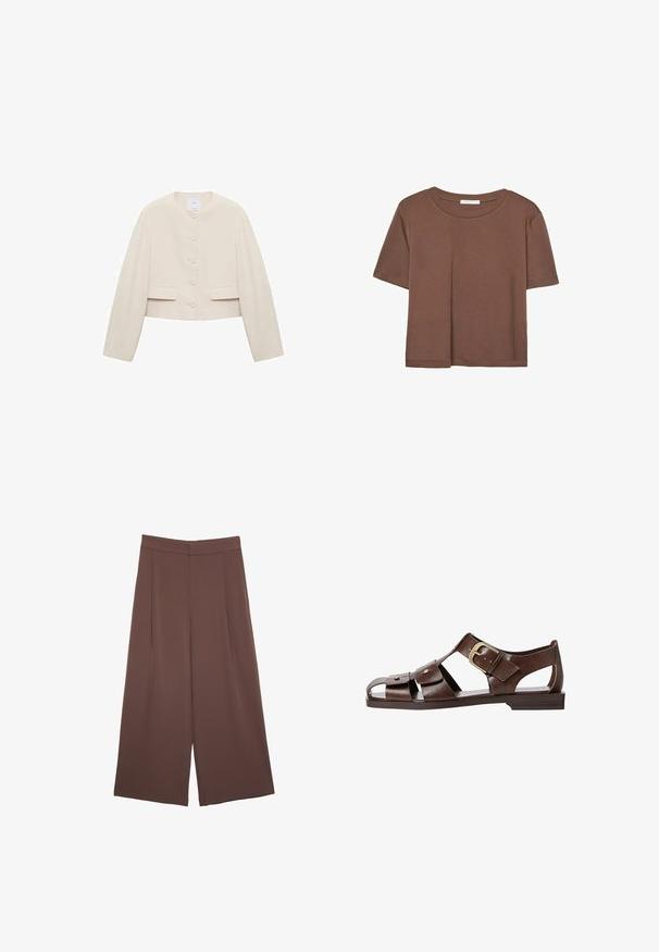 Izrezana jakna od bež tkanine; okrugli izrez, prednje zatvaranje na dugmadi s šest dugmadi, dva prednja džepa, duži rukavi, minimalistički dizajn.; Smeđi kratki rukav majica od mekog materijala, s okruglim izrezom i opuštenim krojem. Nema vidljivih uzoraka ili naglasaka.; Smeđe hlače širokog kroja s glatkom teksturom, koje imaju visok struk i nabore sprijeda. Tkanina je lagana i slobodno se kreće.; Smeđe kožne sandale s izrezbarenim dizajnom, podesivim bočnim kopčanjem i ravnim potplatom, s metalnim detaljima i otvorenim prstima.
