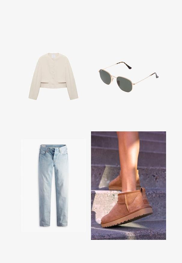 Giacca tagliata in tessuto beige; scollatura rotonda, chiusura frontale con sei bottoni, due tasche frontali, maniche lunghe, design minimalista.; T-shirt bianca a maniche corte realizzata in cotone morbido, con colletto rotondo e maniche raglan, caratterizzata da un taglio rilassato e dritto senza motivi.; Jeans in denim blu chiaro con taglio dritto, due tasche frontali e due tasche posteriori. Include una chiusura a due bottoni e cuciture sottili.; Stivali alla caviglia in suede beige con una consistenza morbida, dettagli cuciti e suola in gomma, dotati di un tacco ad anello per una facile vestibilità.; Occhiali da sole con montatura in metallo dorato e lenti verde scuro, stile aviator, con aste sottili e dettagli in tartaruga sulle punte.; Lauren Ralph Lauren PEBBLED LEATHER SMALL TANNER SATCHEL - Borsa a mano - camel