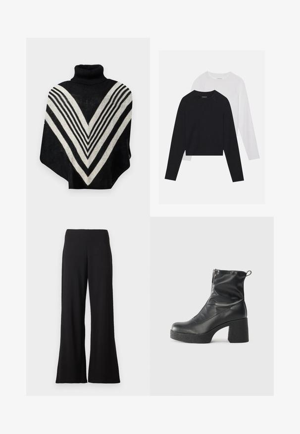 Musta ja kreemikas ponšo kõrge kraega, millel on V-kujuline muster ja horisontaalsed triibud. Pehme tekstuur ja voolav disain.; Kaks pikade varrukatega särki: üks must ja teine valge. Mõlemal on ümar kaelus, raglanvarrukad ja pehme puuvillasegu kangas.; Mustad kõrge vöökoht ja sileda kangaga mustad laiad püksid, mis on esitatud lihtsalt valge tausta ees.; Mustad mustad ansapüksid, mis on valmistatud siledast nahast, külje zipperiga, paksu tekstuuriga kontsaga ja ümmarguse nina disainiga.
