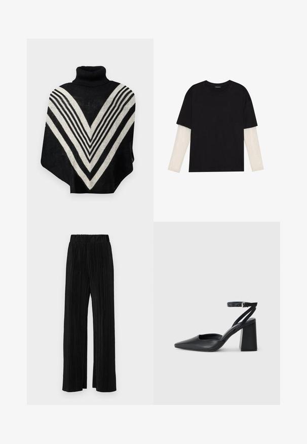 Μαύρο και κρεμ πόντσο με ψηλό λαιμό, με V-σχήμα μοτίβο και οριζόντιες ρίγες. Μαλακή υφή και ρέον σχέδιο.; Μαύρο μπλουζάκι από βαμβάκι, με κοντά μανίκια πάνω από ένα λευκό μπλουζάκι με μακριά μανίκια και διακριτό υφασμάτινο σχέδιο. Σχέδιο με στρογγυλή λαιμόκοψη.; Μαύροι πλισέ παντελόνια με ελαστική μέση. Διαθέτουν φαρδιά πόδια και μαλακό, υφασμάτινο υλικό με κατακόρυφες ρίγες.; Μαύρο δερμάτινο ψηλοτάκουνο παπούτσι με οξύ μυτερό τόξο, λουράκι στον αστράγαλο και χοντρό τακούνι. Λείος υφασματισμός, κομψός σχεδιασμός και μινιμαλιστική αισθητική.