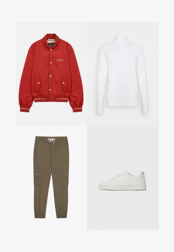 Piros bomber dzseki gombos elülső résszel, bordás gallérral és mandzsettákkal, oldalsó zsebekkel és fehér Emporio Armani Milano logóval a mellkason.; Fehér garbópulóver hosszú ujjakkal, sima anyagból készült. Illeszkedő fazonú, bordázott mandzsettákkal és alsó szegéllyel rendelkezik. Nincs rajta minta vagy díszítés.; Kaki cargo nadrág, rugalmas derékkal és húzózsinórral, oldalsó zsebekkel és szűkített bokákkal. Texturált, könnyű anyagból készült.; Fehér bőr sportcipő sima felülettel, kerek orral, lapos fűzőkkel és texturált talppal. Finom logó található a sarokon.