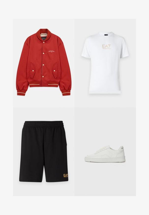 Červená bomber bunda s predným zapínaním na gombíky, rebrovaným golierom a manžetami, bočnými vreckami a bielym logom Emporio Armani Milano na hrudi.; Biela bavlnená tričko s okrúhlym výstrihom a krátkymi rukávmi, na prednej strane s potlačou zlatého loga EA7 Emporio Armani.; Čierne športové šortky vyrobené z jemného materiálu, s elastickým pásom a malým žltým logom EA7 na dolnej ľavej nohe.; Biele kožené tenisky s hladkým povrchom, okrúly špičkový dizajn, ploché šnúrky a textúrovaná podrážka. Obsahujú jemné logo na päte.