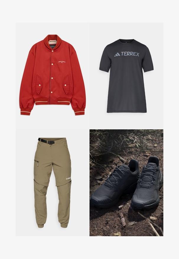 Red bomber jacket with button front, ribbed collar and cuffs, side pockets, and white Emporio Armani Milano logo on chest.; Black short-sleeve t-shirt made of lightweight fabric, featuring a light gray “TERREX” logo across the chest and a crew neckline.; Beige outdoor pants with a belt, zippered side pockets, and elastic cuffs. Features a zip-off design for versatility and a smooth texture.; Black athletic shoes with a textured knit upper, reinforced toe, and cushioned sole, displayed on earthy ground with scattered twigs.