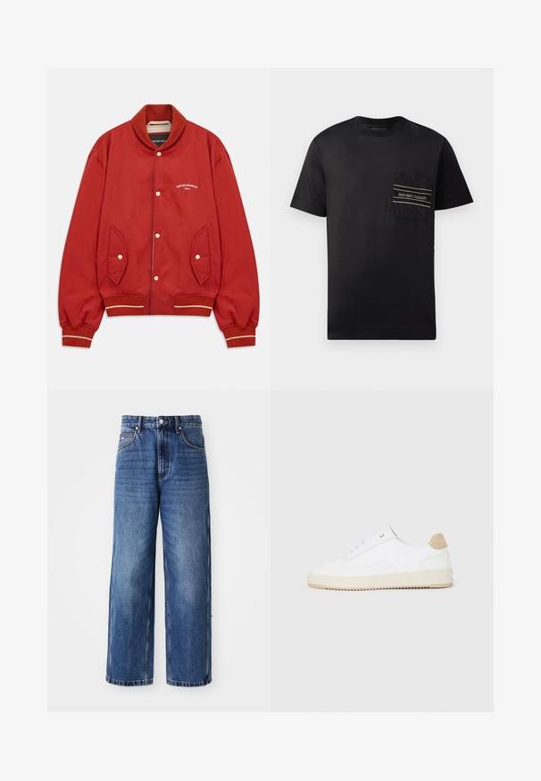 Casaco bomber vermelho com fechamento por botões, gola e punhos canelados, bolsos laterais e logótipo branco da Emporio Armani Milano no peito.; T-shirt preta de manga curta em algodão, com um bolso no peito em destaque que apresenta um logótipo e duas riscas horizontais em branco e dourado.; Jeans de ganga azul de perna larga com uma cintura alta, costura visível, fecho frontal com botão e ajuste solto, apresentando um efeito desbotado e bolsos laterais.; Sapatilhas brancas de cano baixo com parte superior em couro texturizado, sola cream estriada e detalhe em tan no calcanhar. Apresenta atacadores brancos e detalhe do logótipo no calcanhar.