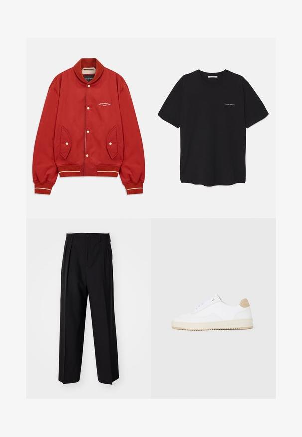 Punane pommitaja jope, millel on nupuväli, ribidega kaelus ja varrukad, küljetaskud ning valge Emporio Armani Milano logo rinnal.; Must musta T-särk, ümar kaelus, lühikesed varrukad ja valge logo trükk vasakul rinnal. Lihtne, ühtlane värvitoon.; Mustad volditud püksid sirge ja laia säärega disainiga. Valmistatud siledast kangast, millel on nuppudega sulgemine ja vööaasad.; Valged madala varsaga tennisetooted, mille pealmine on tekstuuriga nahast, kreemja soonikuga tald ja pruuni tooni kand. Omab valgeid paelu ja logodetaile kanna peal.