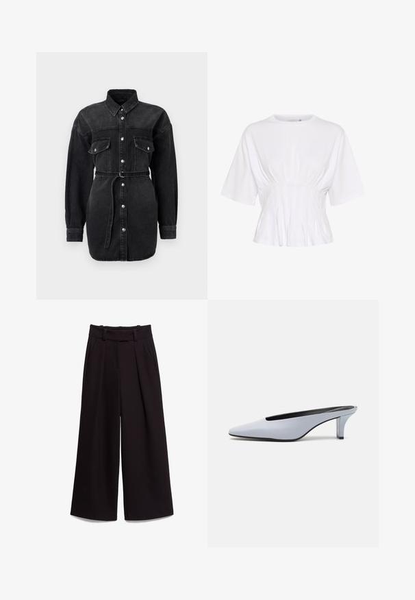 Crna traper košulja haljina s dugim rukavima, dva džepa na prsima, kopčanje dugmadi sprijeda i usko vezanje u struku.; Bijela bluzica s kratkim rukavima, izrađena od mekane tkanine, s okruglim izrezom i naboranim detaljima na struku za prilagođen izgled.; Crne široke hlače izrađene od glatkog materijala, s visokim strukom, petljama za pojas i dva prednja džepa. Plisirano dizajniranje dodaje teksturu.; Tamnoplava lakirana mule cipela s oštrim nosom, niskim prozirnim potpeticama i elegantnim dizajnom s izrezom na gornjem dijelu.