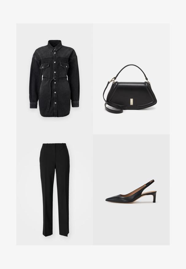 Black denim shirt dress with long sleeves, two chest pockets, button closure down the front, and a matching belted waist.; Black cotton t-shirt with a crew neckline, short sleeves, and an embroidered logo on the chest. Simple, relaxed fit with no patterns.; Black tailored trousers with a straight-leg design, featuring a smooth texture and crisp creases along the front. No visible hardware.; Black leather slingback pump with a pointed toe, low heel, and a smooth texture. Features a thin adjustable strap for a secure fit.; Black leather handbag with a structured design, featuring a cropped shape, top handle, and gold hardware accent. Adjustable shoulder strap included.