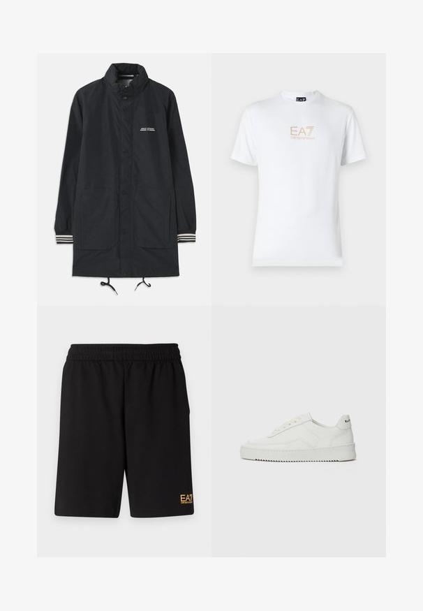 Navy waterproof jacket with a high collar, snap buttons, two front pockets, and striped cuffs. Adjustable drawstring at the hem. Text logo on chest.; White cotton t-shirt featuring a round neckline and short sleeves, with a gold EA7 Emporio Armani logo printed on the front.; Black athletic shorts made of soft fabric,Featuring an elastic waistband and a small yellow EA7 logo on the lower left leg.; White leather sneaker with a smooth finish, round toe, flat laces, and a textured sole. Features a subtle logo on the heel.