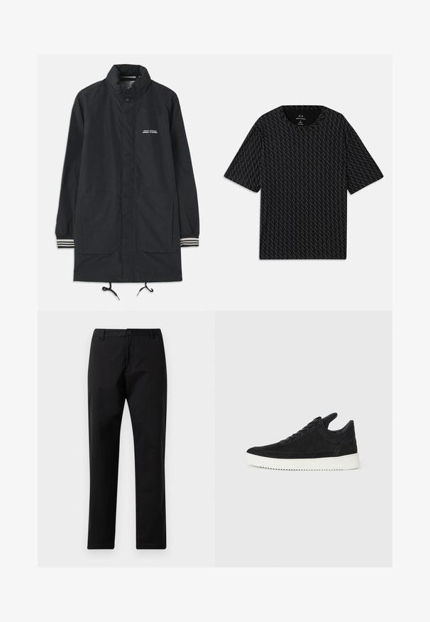 Tamsiai mėlyna vandeniui atspari striukė su aukštu kaklu, užtraukiamais mygtukais, dviem priekinėmis kišenėmis ir dryžuotais rankogaliais. Reguliuojama raištelių sistema apačioje. Teksto logotipas ant krūtinės.; Juodas marškinėliai su tekstūruotu pakaitinių 'A' logotipų raštu, trumpomis rankovėmis ir apvalia iškirpte. Pagaminti iš lengvos medžiagos.; Juodos tiesios kojos kelnės su mygtuku ir užtrauktuku, diržo kilpomis ir priekinėmis kišenėmis, pateiktos ant baltos fono.; Juodų suede sportbačių su balta gumine padu, su toniniais siuvinėjimais ir raištelių užsegimu. Sklandus paviršius su šiuolaikine, laiko forma.