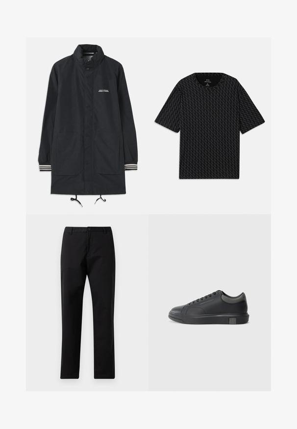 Tamsiai mėlyna vandeniui atspari striukė su aukštu kaklu, užtraukiamais mygtukais, dviem priekinėmis kišenėmis ir dryžuotais rankogaliais. Reguliuojama raištelių sistema apačioje. Teksto logotipas ant krūtinės.; Juodas marškinėliai su tekstūruotu pakaitinių 'A' logotipų raštu, trumpomis rankovėmis ir apvalia iškirpte. Pagaminti iš lengvos medžiagos.; Juodos tiesios kojos kelnės su mygtuku ir užtrauktuku, diržo kilpomis ir priekinėmis kišenėmis, pateiktos ant baltos fono.; Juodos odinės sportinės bateliai su lygiu paviršiumi, apvaliu nose ir tamsiai pilkais akcentais. Turi raištelių dizainą ir tekstūruotą gumos padas.