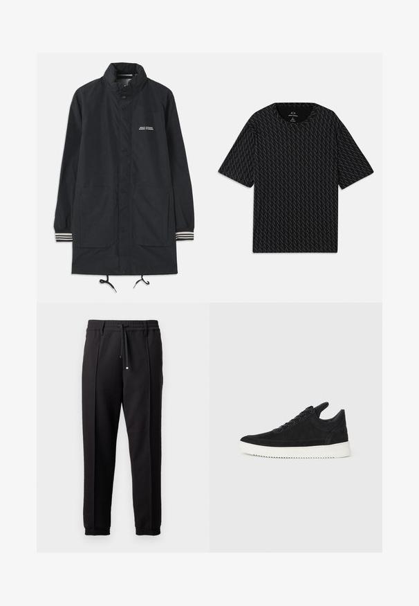 Tamsiai mėlyna vandeniui atspari striukė su aukštu kaklu, užtraukiamais mygtukais, dviem priekinėmis kišenėmis ir dryžuotais rankogaliais. Reguliuojama raištelių sistema apačioje. Teksto logotipas ant krūtinės.; Juodas marškinėliai su tekstūruotu pakaitinių 'A' logotipų raštu, trumpomis rankovėmis ir apvalia iškirpte. Pagaminti iš lengvos medžiagos.; Juodos kelnės su juosmeniu, raišteliu ir elastingais rankogaliais. Yra raukšlės ir lygus, tekstūruotas audinys.; Juodų suede sportbačių su balta gumine padu, su toniniais siuvinėjimais ir raištelių užsegimu. Sklandus paviršius su šiuolaikine, laiko forma.