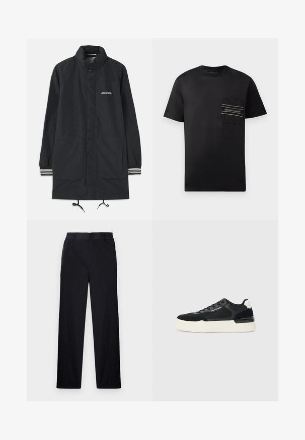 Navy waterproof jacket with a high collar, snap buttons, two front pockets, and striped cuffs. Adjustable drawstring at the hem. Text logo on chest.; Black short-sleeve t-shirt made of cotton, featuring a close-up chest pocket with a logo and two horizontal stripes in white and gold.; Black trousers featuring a lightweight, textured fabric, straight-leg design, elastic waistband, and side zip pockets.; Black sneaker made of mesh and leather, featuring a thick white sole and contrasting accents. Laces and logo detail on the side.