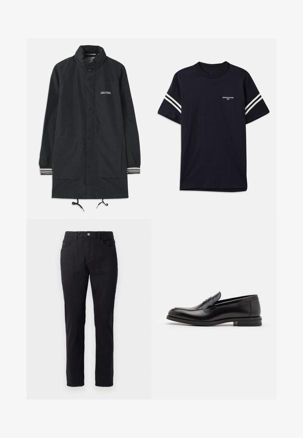 Morska vodoodporna jakna z visokim ovratnikom, gumbi na pritisni mehanizem, dvema sprednjima žepoma in črtastimi manšeti. Prilagodljiv ušitek na koncu. Tekstovni logotip na prsih.; Temno modra majica iz bombaža, z okroglo ovratnikom, kratkimi rokavi in belimi črtami na ramenih, z natisnjenim logotipom na prsih.; Črne bombažne hlače s ravnim krojem, z gumbom za zapiranje, dvema sprednjima žepoma in gladko teksturo.; Črne usnjene loafer čevlje z gladko teksturo, zaobljenim nosom in dekorativnim trakom čez zgornji del. Nizka zložena peta, minimalističen dizajn.