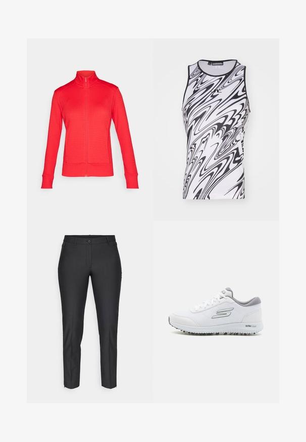 Červená bundá na zips s textúrovaným vzorom, mandarínským golierom, dlhými rukávmi a pružnými manžetami. Dve predné vrecká a priliehajúci strih.; Bezrukávový top s čierno-bielym mramorovým vzorom, vyrobený z ľahkej látky s okrúhlym výstrihom a plochými švami pre pohodlie.; Čierne oblekové nohavice s hladkou textúrou, ktoré majú zapínanie na gombík, zips a dve bočné vrecká. Slim fit s zužujúcimi sa nohavicami.; Biele športové topánky s textúrovaným sieťovaným zvrškom, striebornými akcentmi a ľahkou podrážkou s malými trakčnými hrotmi, označené "ULTRA FLIGHT."