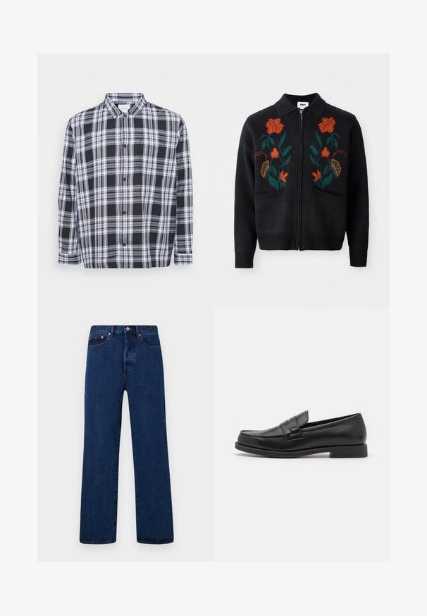 Čiernobiela kockovaná košeľa na gombíky s klasickým golierom, dlhými rukávmi a vreckom na hrudi. Mäkká látka s hladkým povrchom.; Čierny kardigán so zipsom vpredu, golierom, kvetinovou výšivkou v oranžovej a zelenej farbe, rebrovanými manžetami a lemom a s dvojicou predných vreciek.; Biele bavlnené tielka, bezrukávový dizajn, okrúhly výstrih, hladká textúra, vyrobené z jemnej a ľahkej látky. Zobrazené sú dva kusy.; Tmavomodré džínsy s rovnými nohavicami, ktoré majú oranžové prešívanie, gombíkový zapínací systém a dve predné vrecká s kontrastnými nitmi.; Čierne kožené mokasíny s elegantným dizajnom, zaoblenou špičkou, prešívaním a nízkym blokovým podpätkom. Hladký povrch a minimálne akcenty.