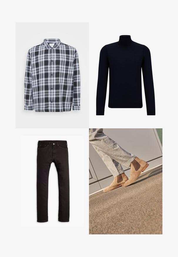 Chemise à carreaux noir et blanc à boutons, avec un col standard, des manches longues et une poche poitrine. Tissu doux avec une texture lisse.; Pull en col roulé bleu marine foncé en tissu finement tricoté, à manches longues et à encolure haute ajustée. Sans motifs ni accents visibles.; Jean slim noir avec cinq poches et fermeture à bouton, présenté à plat sur un fond blanc.; Bottines Chelsea en daim marron avec des panneaux latéraux en élastiquem et une semelle en caoutchouc lisse couleur tan, associées à un pantalon gris clair sur une surface texturée.
