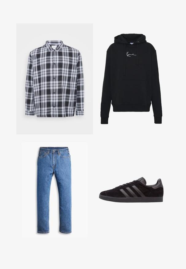 Cămașă cu carouri alb-negru, cu guler standard, mâneci lungi și un buzunar pe piept. Material moale cu o textură fină.; Hanorac negru din material moale, cu buzunar frontal, sireturi și broderie albă a logo-ului pe piept. Croială clasică și manșete ribbate.; Jeans din denim albastru cu croi drept, având cinci buzunare, închidere cu nasture și accente de cusături portocalii pe un fundal alb curat.; Tenisi negri din daim cu tălpi din cauciuc texturat, având trei dungi din piele neagră, vârf rotunjit și guler căptușit la gleznă.