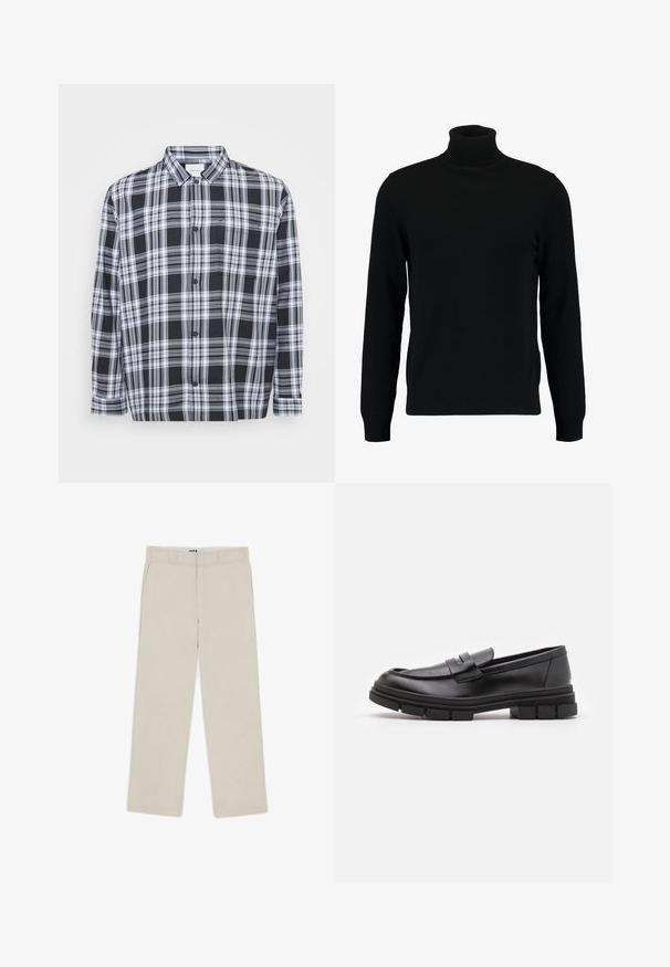 Camisa de botão em padrão xadrez preto e branco, com colarinho standard, mangas longas e um bolso no peito. Tecido macio com uma textura suave.; Suéter de gola alta preto feito de um material de malha suave. Apresenta mangas longas, gola canelada e bainha. Design simples e elegante, sem padrões.; Calças largas bege com uma textura suave, apresentando passantes para cinto, dois bolsos frontais e fecho de zíper. Design minimalista.; Mocassins de couro preto com um acabamento liso, apresentando um detalhe de tira na parte frontal e uma sola de borracha robusta com acabamentos estriados.