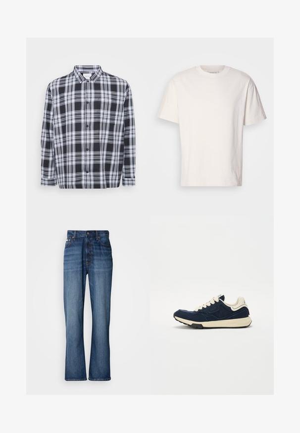 Must-valged ruuduline särk mustas ja valges, millel on tavaline krae, pikad varrukad ja rinna tasku. Pehme kangas, millel on sile tekstuur.; Kreemjas puuvillane T-särk, millel on ümmargune kaelus. Lühikesed varrukad ja mugav lõige. Kaelusel on väike logo. Sile tekstuur.; Sinine denim kangas, kõrge vöökoht, laienevad sääred, viie tasku disain ja tooni õmblused. Omab nööpidega sulgemist ja poppers taskuid.; Tumesinine toss, millel on tekstuuriga seemisnahast ülemine osa, kreemjad paelad ja beež vaheosa. Omab klassikalist spordidisaini ja kummist tallat.