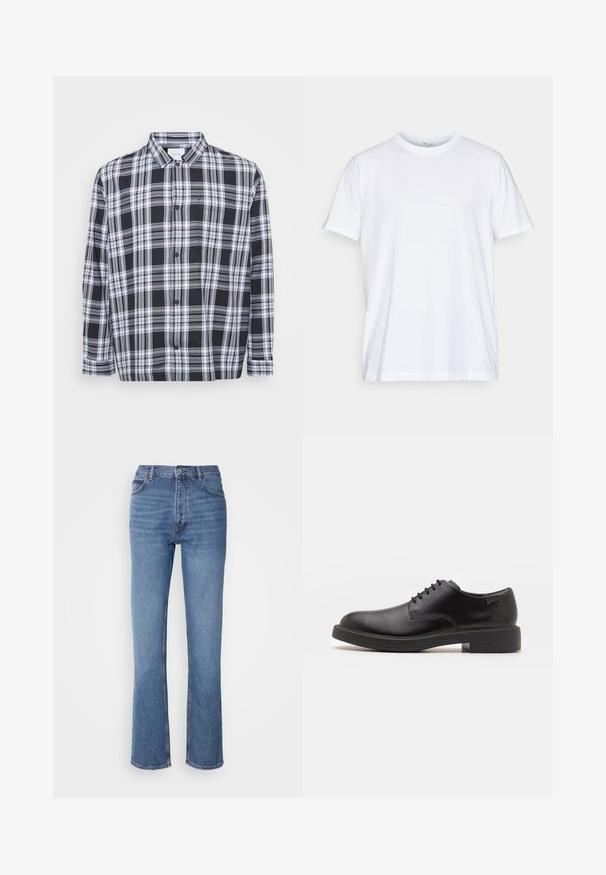 Black and white plaid button-up shirt, featuring a standard collar, long sleeves, and a chest pocket. Soft fabric with a smooth texture.; White cotton t-shirt with short sleeves, round crew neckline, and a relaxed fit. Features minimalistic design, no patterns or accents.; Blue denim jeans with a high waist, straight-leg design, and subtle fading. Features classic five-pocket styling and a zip fly closure.; Black leather lace-up shoe with a rounded toe, smooth texture, minimal stitching, and a low rubber heel. Logo on the heel.