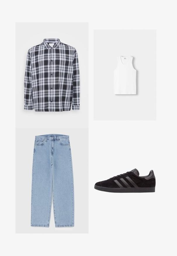 Zwart-witte geruite button-up shirt, met een standaardkraag, lange mouwen en een borstzak. Zachte stof met een gladde textuur.; Witte katoenen tanktop met een ronde halslijn, brede schouderbanden en een rechte zoom, met een gladde textuur en zonder zichtbare patronen.; Lichtblauwe denim jeans met een recht model, voorzien van een middelhoge taille, vijf zakken en een knoop- en ritssluiting.; Zwarte suède sneakers met een gestructureerde rubberen zool, voorzien van drie zwarte leren strepen, een ronde neus en een gewatteerde enkelsok.