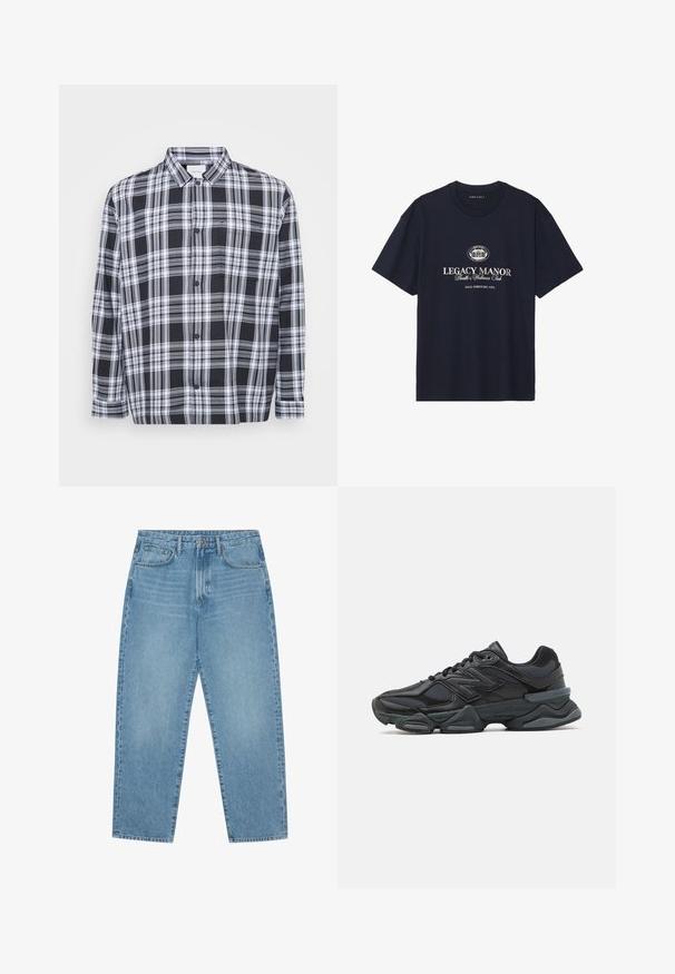 Črno-bela karirana srajca s gumbom, z običajnim ovratnikom, dolgimi rokavi in žepom na prsih. Mehka tkanina z gladko teksturo.; Temno modra bombažna majica s kroženim ovratnikom, kratkimi rokavi in osrednjo grafiko, ki prikazuje "Legacy Manor" v bež črkah.; Svijetloplavi traper široki traperice s visokim strukom, s pet džepova, petljama za remen i mekom, pomalo izblijedjelom teksturom.; Črne tekaške superge, ki združujejo mrežaste in sintetične materiale, imajo debel podplat, ukrivljen oblikovni slog ter izrazito blagovno znamko na strani.