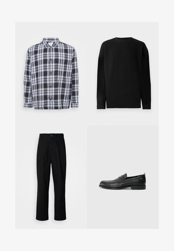 Schwarz-weißer karierten Button-Up-Shirt mit einem klassischen Kragen, langen Ärmeln und einer Brusttasche. Weicher Stoff mit glatter Textur.; Schwarzer, langärmeliger Pullover aus Rippmaterial. Mit Rundhalsausschnitt und geradem Saum sowie eng anliegenden Bündchen. Schlichtes Design in einfarbiger Optik.; Schwarze gerade geschnittene Hosen mit einem Knopfverschluss, Gürtelschlaufen und Vorderfalten, vor einem schlichten weißen Hintergrund präsentiert.; Schwarze Lederloafers mit einem strukturierten Vorderteil und glatten Seiten. Sie verfügen über einen schmalen Absatz und eine Schlaufe an der Rückseite für einfaches Anziehen. Klassisches Design.