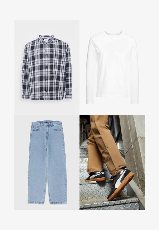 Karo košulja dugih rukava u crnoj i bijeloj boji, s klasičnim okovratnikom i džepom na prsima. Mekana tkanina sa glatkom teksturom.; Dugi rukav bijela majica napravljena od mekog pamuka. Okrenuti dekolte s ravnim rubovima i bez vidljivih uzoraka ili grafike.; Svijetloplave traperice s ravnim nogavicama, sa srednjim strukom, pet džepova i zatvaranjem na dugme i patentni zatvarač.; Crne i sive suede tenisice s bijelim detaljima i potplatima od gume boje gume, nošene na bež hlačama dok se penju metalnim stubama.