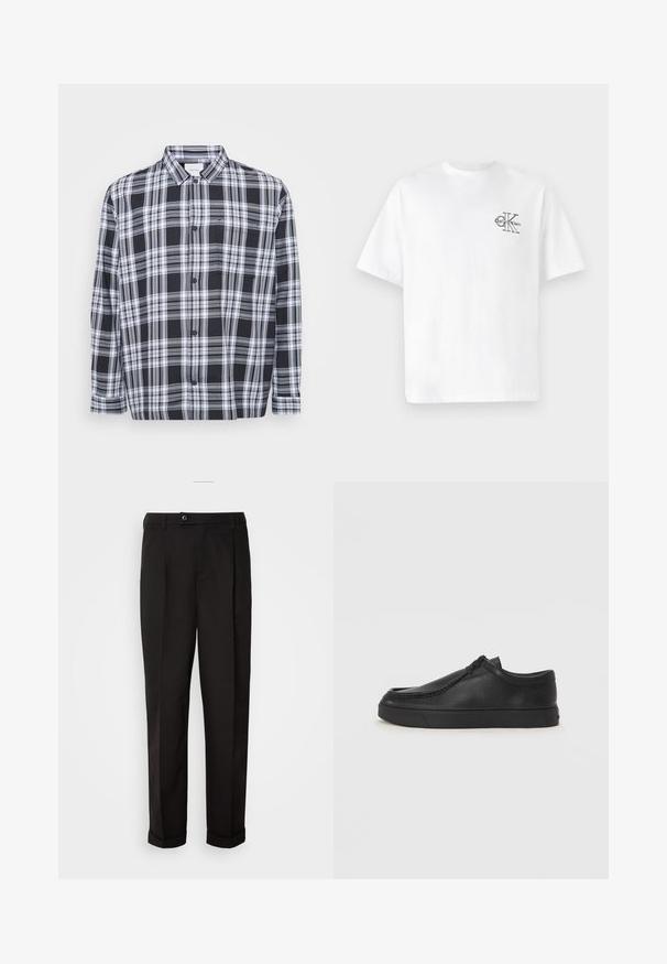 Melnā un baltā raibā krekla ar pogām, ar standarta apkakli, garām piedurknēm un krūšu kabatu. Mīksts audums ar gludu tekstūru.; Balta kokvilnas T-krekls ar īsām piedurknēm, apaļo kaklu, ar melnu CK logotipu kreisajā krūšu zonā, standarta piegriezums, gluda tekstūra.; Melnas bikses ar gludu tekstūru, diviem priekšējiem kabatām, taisnas griezuma un ar vienu pogu vidukļa daļā.; Melnas ādas slip-on kurpes ar noapaļotu purngalu, šūšanas detaļām un melnu gumijas zoli. Gluda tekstūra ar minimālistisku dizainu.