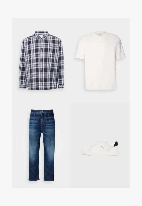 Černobílá kostkovaná košile na knoflíky, s běžným límečkem, dlouhými rukávy a náprsní kapsou. Měkký materiál s hladkou texturou.; Bílá bavlněná tričko s kulatým výstřihem, krátkými rukávy a vyšitým logem "Calvin Klein" na prostředku hrudi. Jednoduchý design.; Tmavě modré džíny rovného střihu s jemným vyblednutím na stehnech a zapínáním na knoflík v pase, vystavené na bílém pozadí.; Bílé tenisky s jemně růžovými a černými akcenty, s hladkou koženou a semišovou částí, kulatou špičkou a plochou gumovou podrážkou.