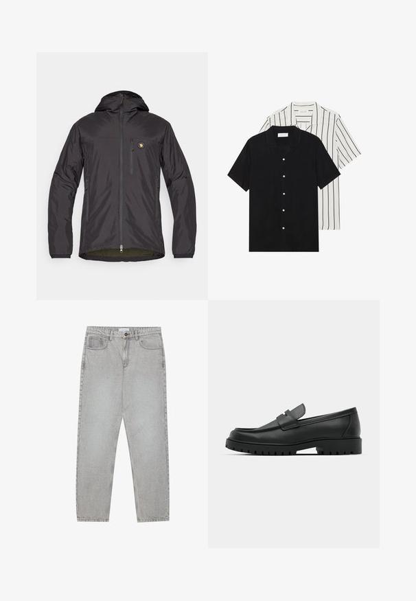 Czarna, lekka kurtka z kapturem, z zamek błyskawicznym z przodu, dwoma bocznymi kieszeniami, kieszenią na piersi oraz okrągłym logo w górnej lewej części.; Dwie koszule z krótkim rękawem: jedna w solidnej czerni, druga biała w czarne pionowe paski. Obie mają zapięcie na guziki i klasyczny kołnierzyk.; Jasnoszare dżinsy o prostym kroju nogawki, z pięcioma kieszeniami i zapięciem na guzik. Widoczne szwy wzdłuż szwów.; Czarne skórzane mokasyny z zaokrąglonym noskiem, posiadające przeszywany wzór, niską platformę oraz teksturowaną, gumową podeszwę z bieżnikiem.