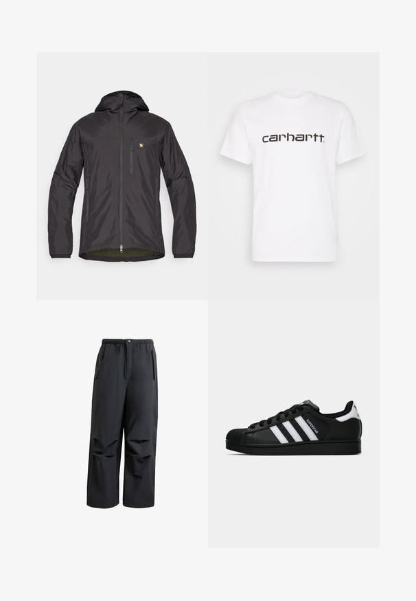 Musta, kevyt takki hupulla, jossa on vetoketjukiinnitys, kaksi sivutaskua, rintatasku ja ympyrälogo vasemmassa yläkulmassa.; Valkoinen puuvillapitkähiha T-paita, jossa on lyhyet hihat ja pyöreä kaula-aukko. Edessä on suuri tummanruskea "carhartt"-logo rinnassa.; Musta, löysästi istuva housu, joka on valmistettu pehmeästä kankaasta. Siinä on joustava vyötärö, nappikiinnitys ja kaksi sivutaskua, joissa on poimutetut yksityiskohdat.; Musta Adidas Superstar -lenkkari, jossa on valkoiset raidat, kuorisuoja ja "Superstar"-teksti sivussa, esitetty sivuprofiilissa valkoista taustaa vasten.