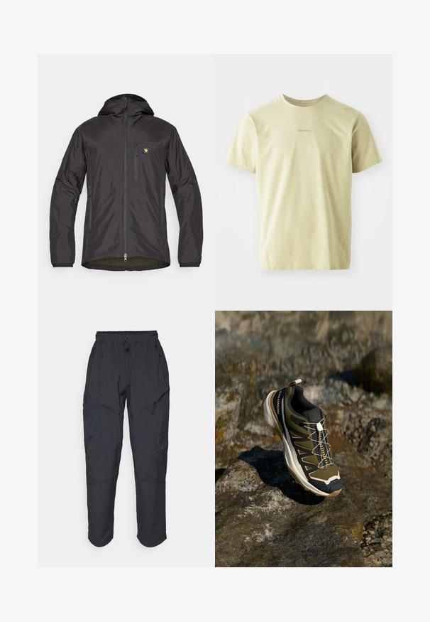 Černá, lehká bunda s kapucí, se zipem vpředu, dvěma bočními kapsami, kapsou na prsou a kulatým logem na horní levé straně.; Salomon TRACKLINE TEE - Sportovní tričko - gray green; Černé cargo kalhoty vyrobené z lehkého, voděodolného materiálu; mají elastický pas, několik kapes na zip a zúžené nohavice.; Trekové boty v olivově zelené a černé barvě s růžovými detaily. Mají texturovaný svršek, flexibilní podrážku, vyztuženou špičku a barevný systém šněrování.