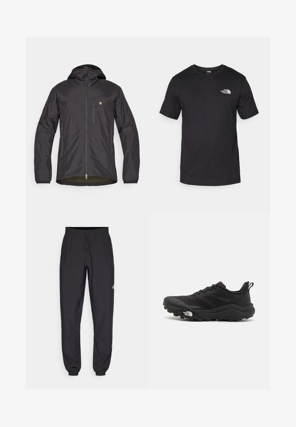 Svart, lett jakke med hette, med glidelås i front, to sidelommer, en brystlomme, og en rund logo på den øvre venstre siden.; Svart kortermet t-skjorte laget av bomull, med rund hals og en liten hvit logo på øvre venstre brystområde.; Sorte idrettsbukser laget av lett stoff, med snor i livet, sidelommer og smale mansjetter ved anklene.; Svart terrengløpesko med teksturert overdel, gummisåle og forsterket tåhette. Har polstret krage og løftestropp for enkel påkledning.