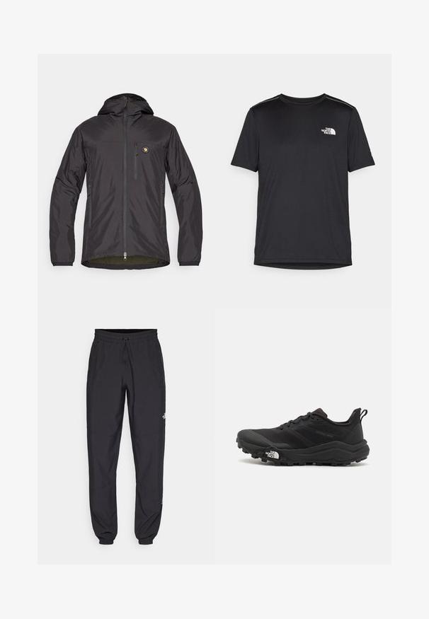 Fekete, könnyű dzseki kapucnival, cipzáros elülső résszel, két oldalzsebbel, egy mellzsebbel, és egy kör alakú logóval a bal felső oldalon.; Fekete, rövid ujjú póló, könnyű anyagból készült. Bal mellen egy kis fehér logó található, és finom vállrész kiemelések.; Fekete sportnadrág, könnyű anyagból készült, húzózsinóros derékkal, oldalsó zsebekkel és szűkített szárakkal a bokáknál.; Fekete terepfutó cipő, textúrált felső résszel, gumitalppal és megerősített lábujjrészével. Párnázott bokarésszel és húzófüllel rendelkezik a könnyű felhúzáshoz.