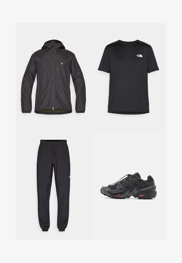 Casaco leve e preto com capuz, apresentando fecho zippers à frente, dois bolsos laterais, um bolso no peito e um logótipo circular no lado superior esquerdo.; T-shirt preto de manga curta feito de um tecido leve. Apresenta um pequeno logo branco ao lado esquerdo do peito e detalhes subtis nos ombros.; Calças atléticas pretas feitas de tecido leve, com um cós ajustável por cordão, bolsos laterais e punhos afunilados nos tornozelos.; Sapatilha de corrida preta com parte superior em sintético, design texturizado e detalhes em vermelho contrastante. Apresenta um sistema de atilho seguro e sola robusta.